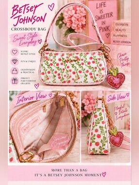 11 Betsey Johnson Pink Tomato Print Crossbody with Charm